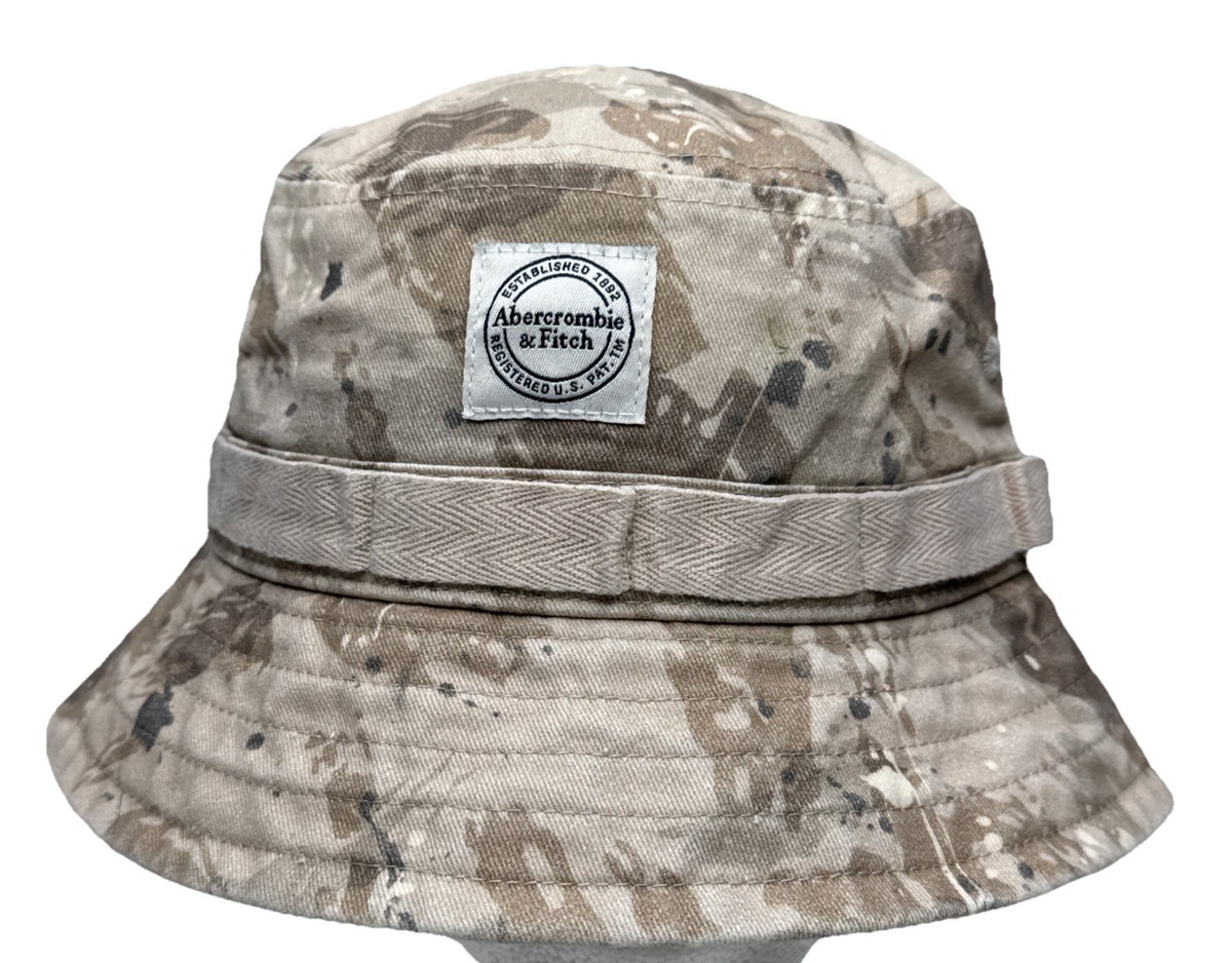 Vintage Abercrombie & Fitch Mens Khaki Cotton Camo Bucket Hat Sun Tan Outdoor