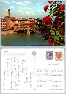 Vintage 1970 Florence Italy Postcard - Ponte Vecchio & Arnolfo Tower Roses