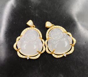 Authentic White Chalcedony Agate Yellow Gold Plated Laugh Maitreya Buddha Pendant Necklace