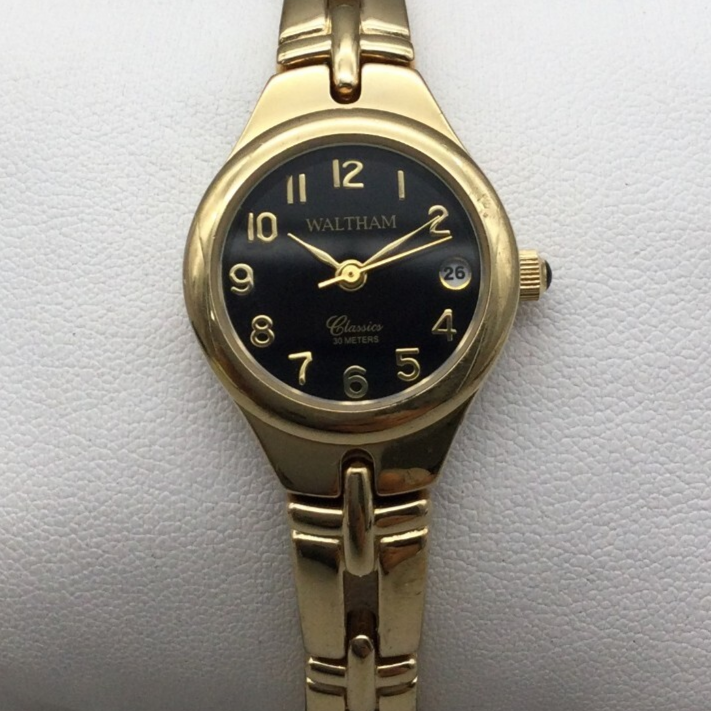 Vintage Waltham Watch Women 22mm Gold Tone Black Dial Date New