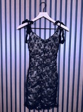 Lulus Dress Small Black Sheer Sheath Shoulder Tie Ruched Lace Stretch Formal