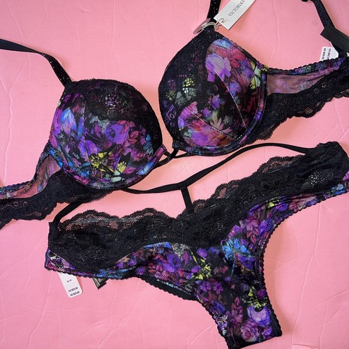 Victoria's Secret 32B BOMBSHELL BRA SET panty PURPLE Black BUTTERFLY SHINE STRAP