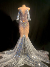 Flashing Silver Sequins Rhinestones Fringes Birthday Outfit Evening Dress