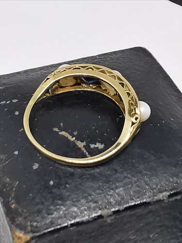 Ancienne BAGUE en or jaune 15 carats 0,50 ct saphir bleu et perle édouardienne (pas 18 carats) - Photo 14/19