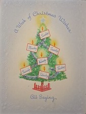 Christmas Card Vintage Week of Wishes Tree Wallace Brown Embossed Star Border
