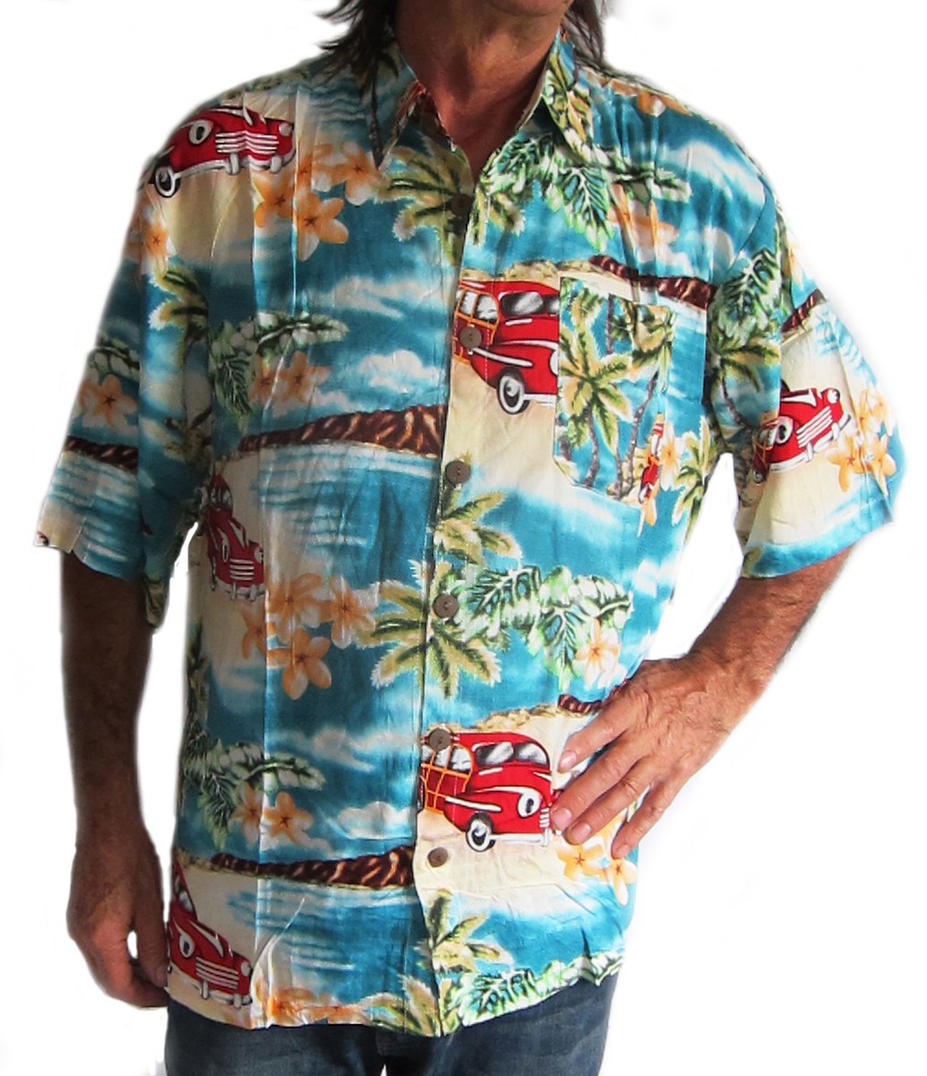 Chemise Hawaïenne DOUBLE DUCK Peinte à La Main - Noir Rayures Bleu/vert, 100% Rayon