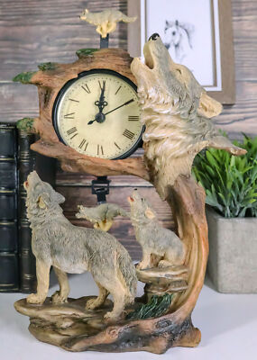Ebros Howling Gray Wolves Family Table Clock with Pendulum 10.5'' Height Decor