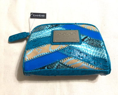 NWT Bebe USA Accessory Pouch Makeup Bag Blue Chevron Sparkly Zipper FREE SHIP