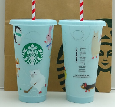 Starbucks Becher Reusable Cold Cup Weihnachten Ice Skate Set 2 Stück 24oz NEU