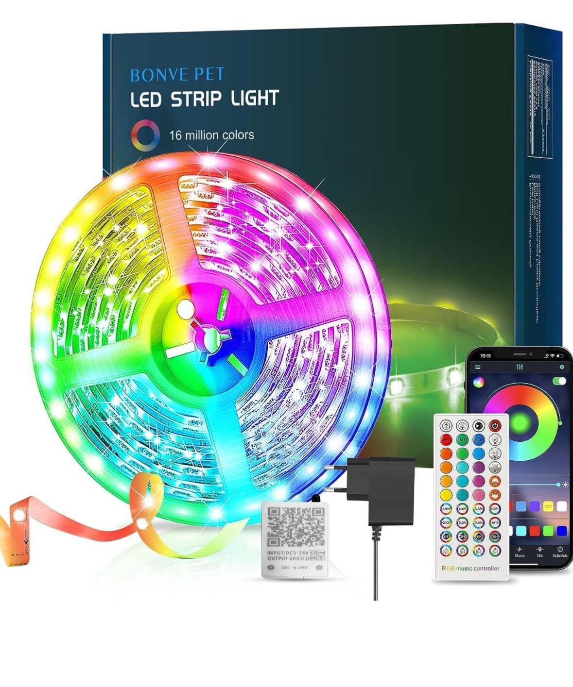 Bonve Pet Striscia led, Striscia led 15 Metri (1 Rotolo 15M) Led Striscia RGB