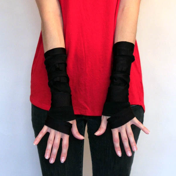 Guantes de momia negros calentadores de brazos disfraz de zombi adulto rasgado apocalipsis gótico Foto 2 de 3
