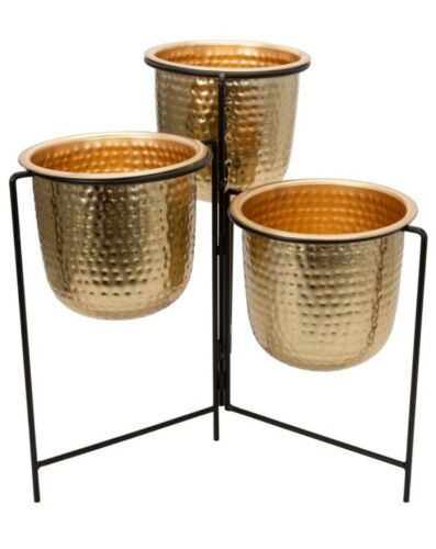Sagebrook Home 20in Hammered Planter Trio w/Stand Glam Gold Black * NEW* - Picture 1 of 2