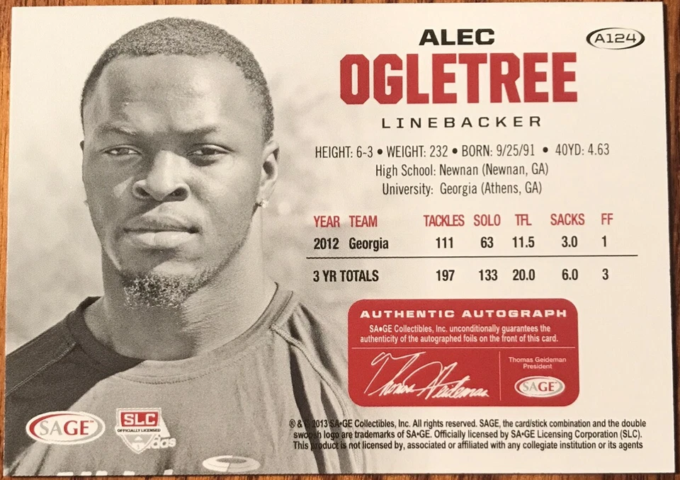 2013 SAGE HIT Autographs Silver Alec Ogletree #A124 Georgia Bulldogs - Image 2 of 2
