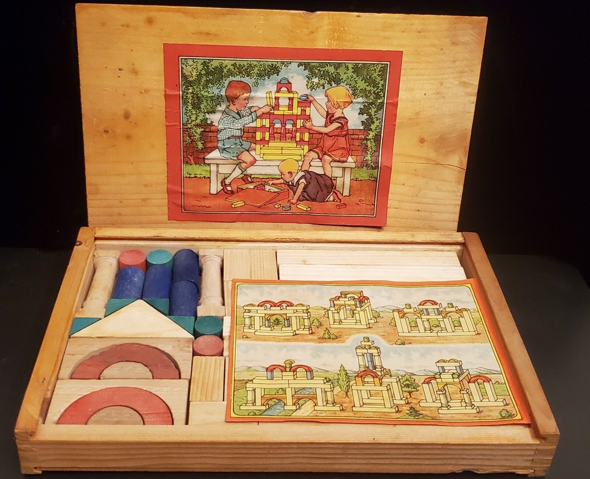 Vintage German Wooden Children's Toy Building Blocks In Box