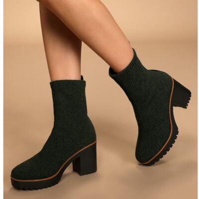 Chinese Laundry Garvey Sock Boots Olive Chill Knit Block Heel Ankle Sz 6.5