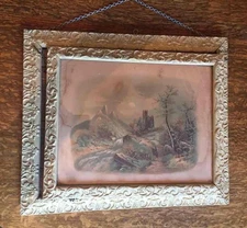 Antique Painted Wooden Double Frame Wall Pocket Print Under Glass Hidden Holder