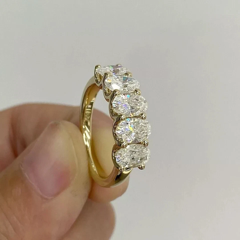 6x4mm Oval Cut Moissanite 14K Yellow Gold Plated Half Eternity Wedding Band Ring - Image 2 of 4