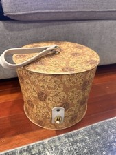 Vintage 1960s Yellow Brown Floral Hat Box Round Vinyl Top Handle Wig Travel