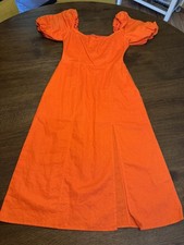 Banana Republic Orange Linen Puff Sleeve Midi Dress Size 10 NWT Side Zip Slit