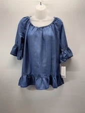 Signature Studio Peasant Top Blue Chambray  3/4 Sleeve Ruffle Women’s Size L NWT
