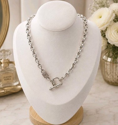 Judith Ripka Sterling Silver Rolo Toggle Chain Necklace JR Medallion 18  58.3g