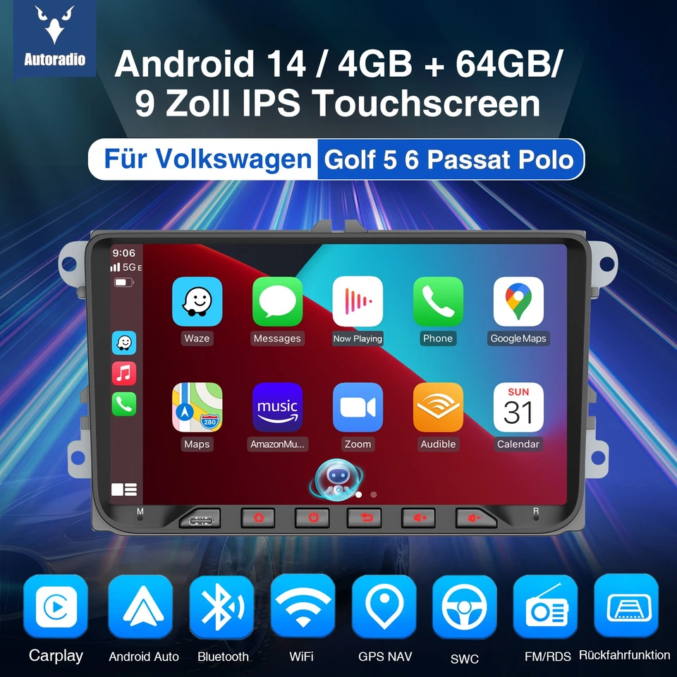 DAB+ Android 14 4+64G Carplay Autoradio GPS Für VW GOLF 5 EOS Touran Tiguan Polo - Bild 2 von 4