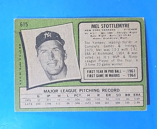 1971 TOPPS BASEBALL #615 MEL STOTTLEMYRE YANKEES VG-EX - Picture 2 of 2