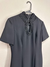 Vintage Liz Claiborne Asian Maxi Sheath Dress Womens 8 Black Beaded Keyhole Neck