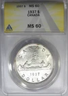 1937 $1 CANADA SILVER DOLLAR CANOE ANACS MS60 ~ BRILLIANT & FROSTY UNC!