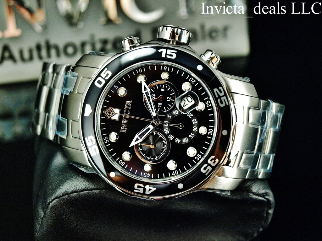 Invicta Men s 48mm Pro Diver SCUBA Chronograph BLACK DIAL Silver Tone 200M Watch