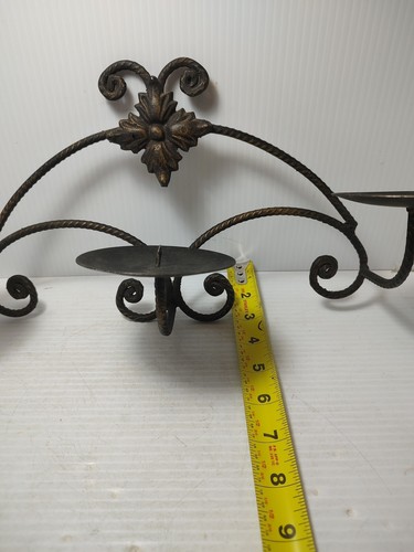 Vintage Black Wrought Iron Scroll Triple Pillar Candle Holder Wall Sconce MCM - 第 10/10 張圖片
