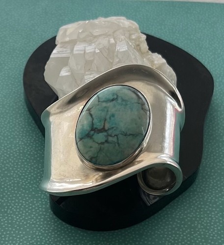 Vintage Modernist Wide Wavy Sterling Silver Cuff Bracelet w Turquoise by Ture - Picture 2 of 14