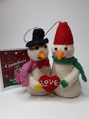 NWT 6'' Snowman Couple Love Heart Thick Wool Felt Holiday Christmas Tree Ornament