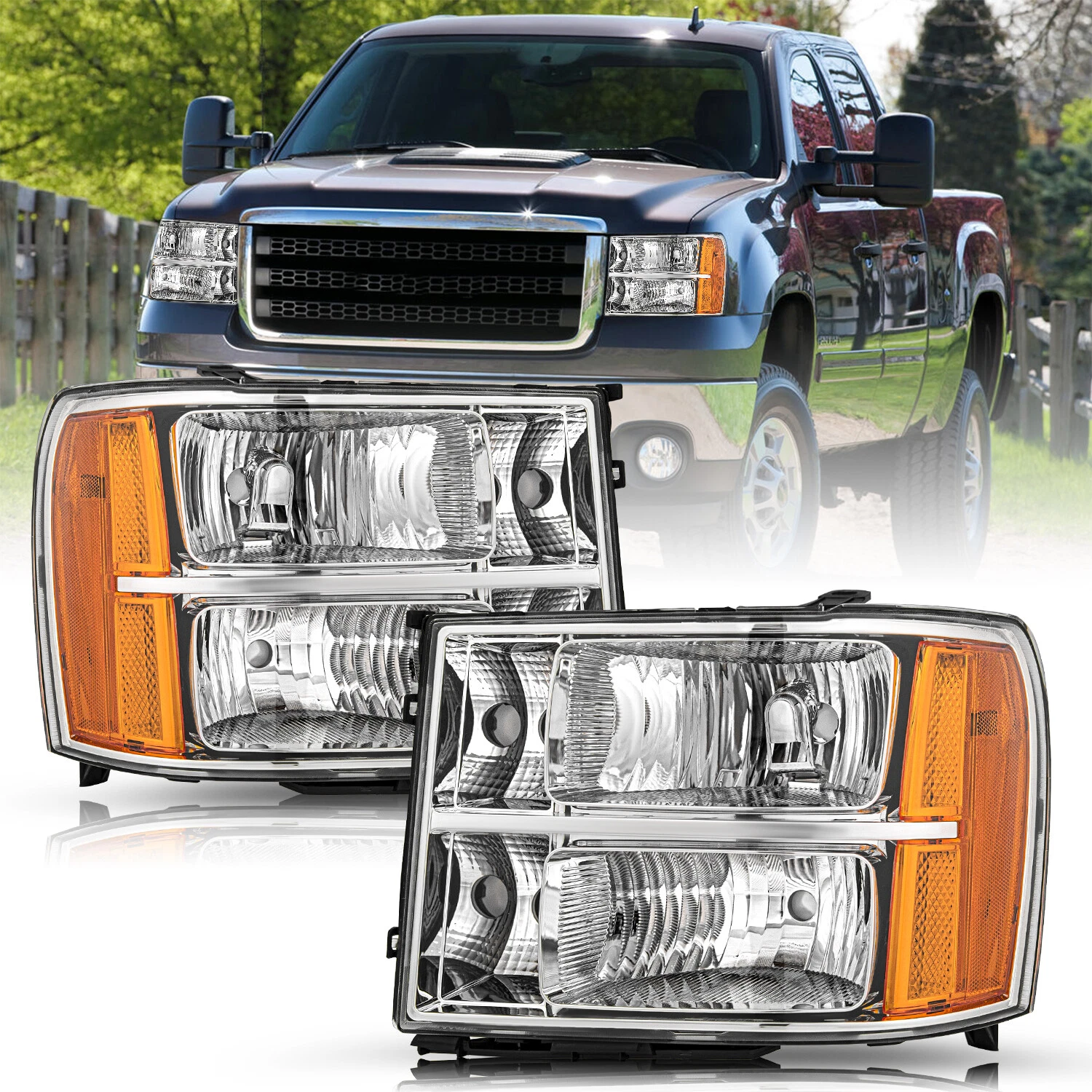 Pair Headlights For 2007-2013 GMC Sierra 1500 2500HD 3500HD Headlamps LH+RH