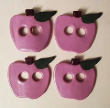 Lot of 4 Vintage Ceramic 2-Hole Buttons Pink Apple with Green Leaf Large Size 3"