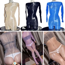 Plus Size Women 8D Super Shiny Glossy Bodysuit Sheer Nylon Bodystocking Jumpsuit