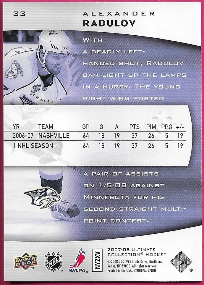 2007-08 Upper Deck Ultimate Collection ALEXANDER RADULOV #33 Base 084/499 - Image 2 of 2