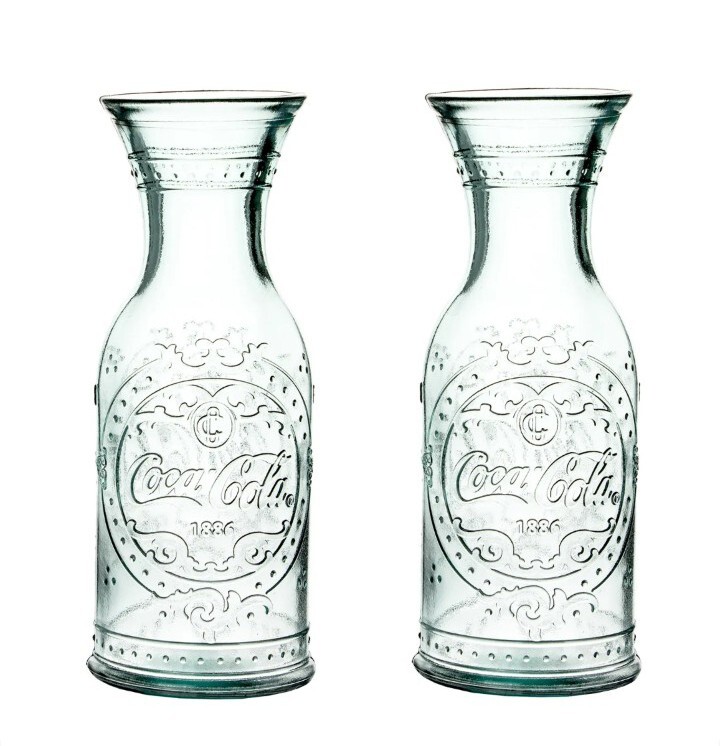 2x Coca-Cola Karaffe Excelsa 1L Wasser Krug Kanne Recycling-Glas Vintage Retro
