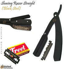 New Barber Hair Shaving Razor Straight Edge Black Folding Knife + 10 Free Blades
