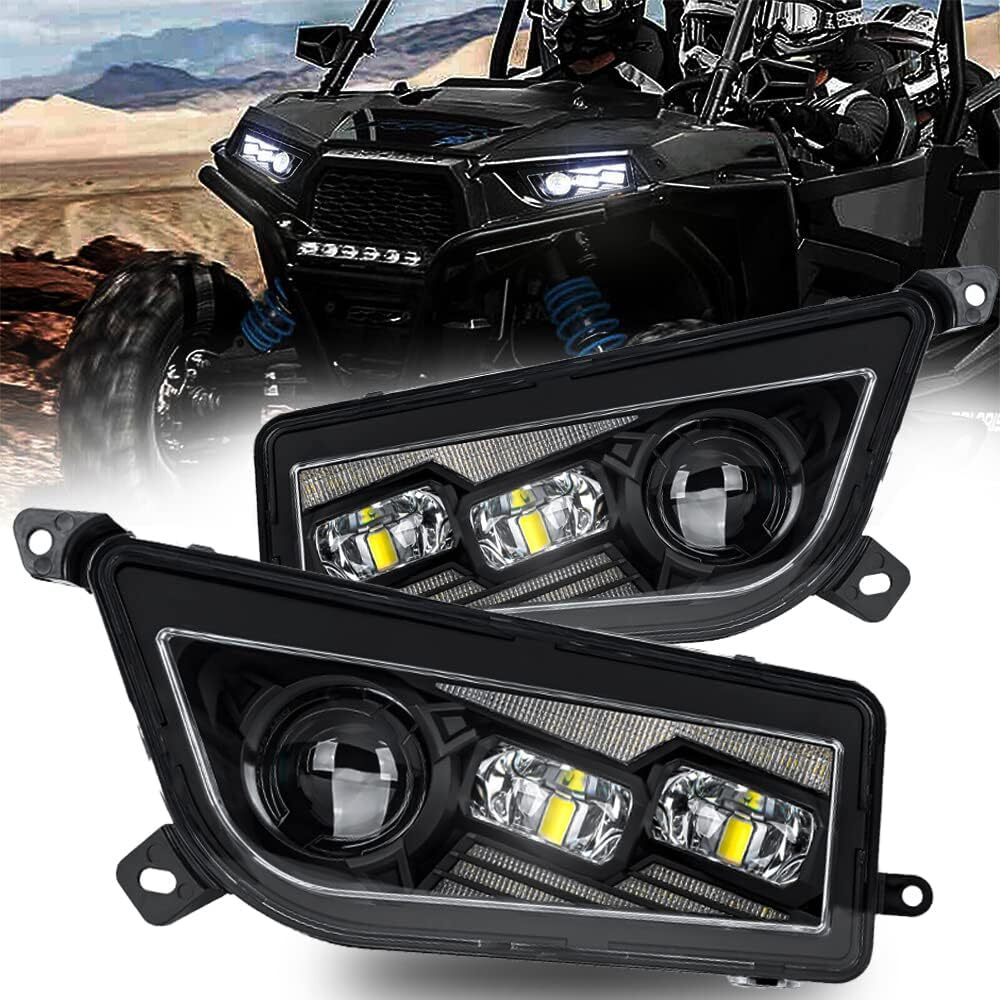 Black LED Headlight Assembly White Halo for Polaris RZR 900s Razor