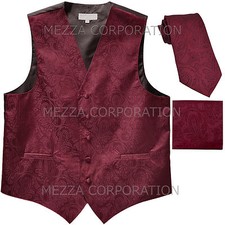 New Men's paisley Tuxedo Vest Waistcoat Necktie  Hankie Burgundy wedding formal