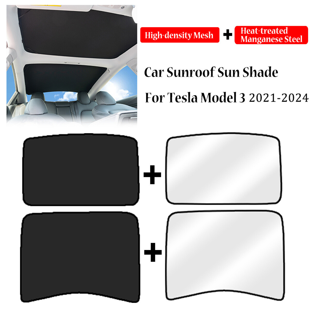 For Tesla Model 3 Front Rear Glass Roof Sunroof Sun Shade Sunblind w / UV Film