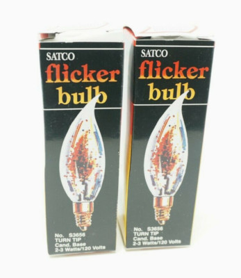 Lot of 2 Satco Flicker Bulbs 2-3 Watts/120 Volts Cand Base Turn Tip NEW Tested