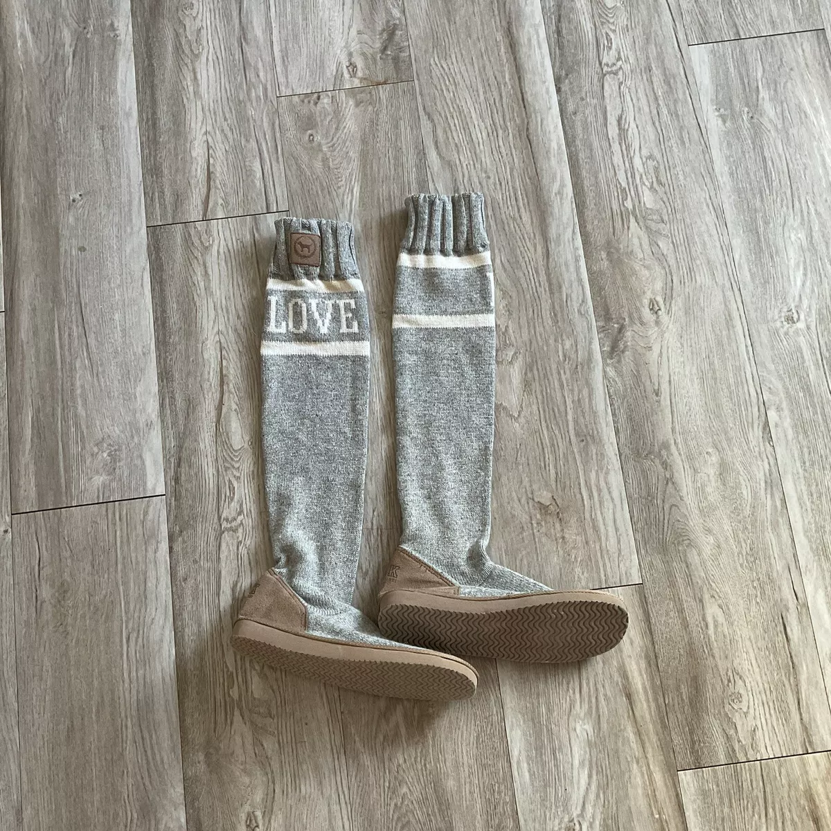 New Pink Knee High Knit Sock Slipper Boots Grey Large 9 10 eBay
