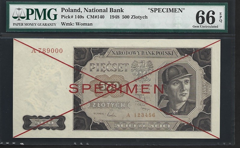 Poland Specimen 500 Zlotych  1948 PMG 66 EPQ UNC P#140 National Bank Series A