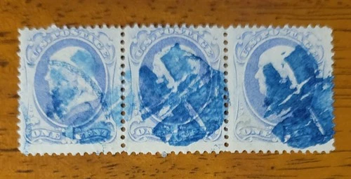 Vintage US Stamp #145 Franklin Bank Note Strip Of 3 Used W/ Blue Cancels- CV $60