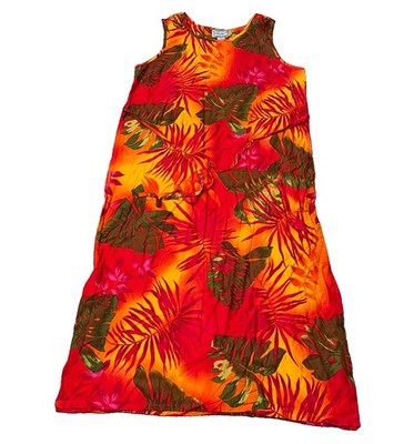 Vintage 80s Jane Ashely Floral Tropical Red Orange Hawaiian Rayon Dress Petite L