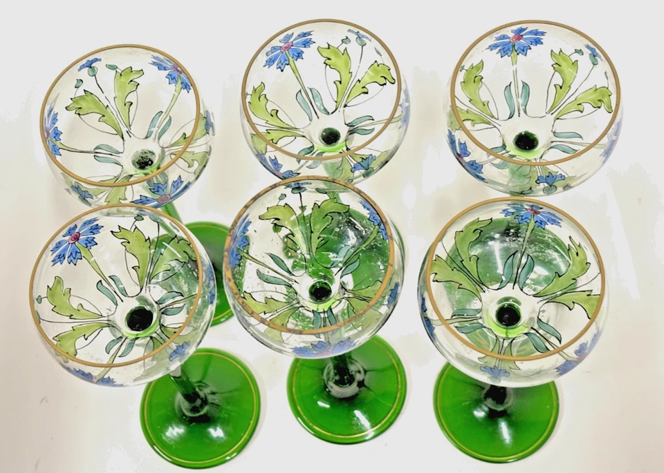 Copas de vino Theresienthal (6) Art Nouveau, sopladas a mano, antiguas con flores azules Foto 4 de 4