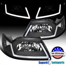 Fits 1999-2004 Ford Mustang Black Headlights W Led Tube Strip Head Lamps