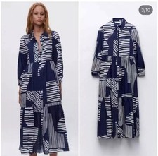 Zara Women NEW Printed Shirt Dress, Size M Dark Blue, 